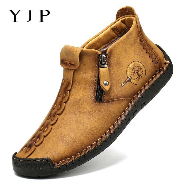 

yjp spring winter boots for men vintage leather sneakers size 39-48 retro style ankle boots mid-handmade stitching shoes, Black