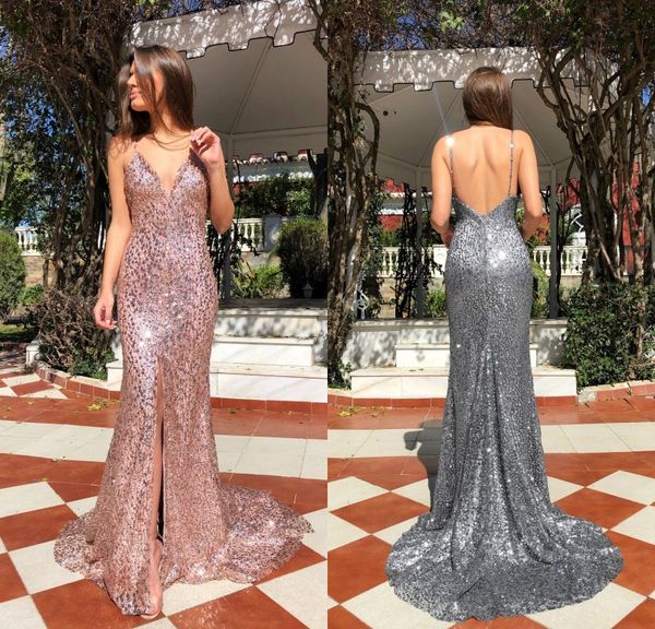 

2019 Blingbling Pink Sequins Prom Dresses Sleeveless Mermaid Plunging V Neck Black Girl Prom Dresses Evening Party Gowns robes de XH