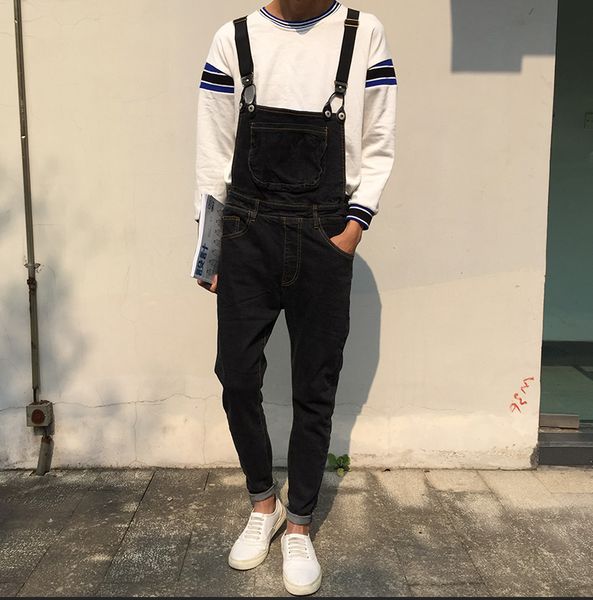 

black denim overalls men 2017 new fashion bib jeans mens overall jeans with suspenders kangaroo pocket ing, Blue