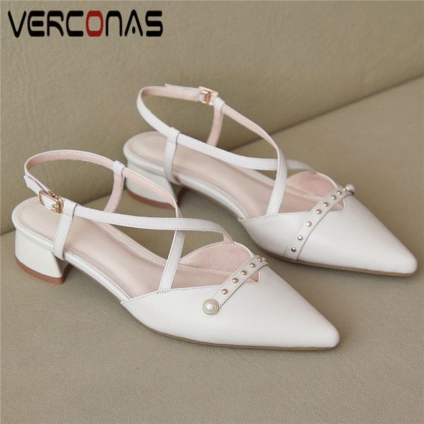 

verconas women pearl popular new arrival pointed toe slippers sandals thick heels genuine leather summer shoes woman, Black
