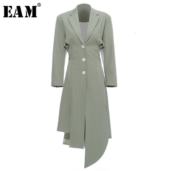 

eam] women asymmetrical hollow out long trench new lapel long sleeve loose fit windbreaker fashion spring autumn 2020 1h856, Tan;black