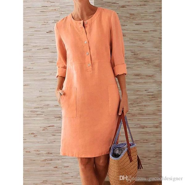 

spring pure color ladies dress casual crew neck loose women dresses fashion designer panelled female apparel with button, Black;gray