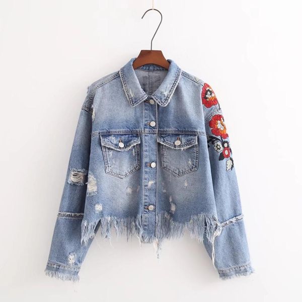 

denim jacket women's denim jacket direct sleeve long coat female fashion tear floral embroidery women's clothing, Black;brown