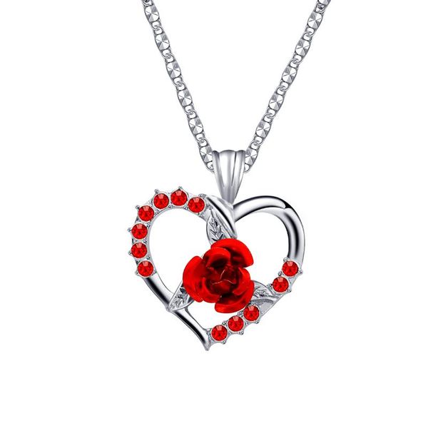 

dotshe fashion women gold heart-shaped rose pendant necklace crystal love necklace romantic anniversary jewelry gift, Silver
