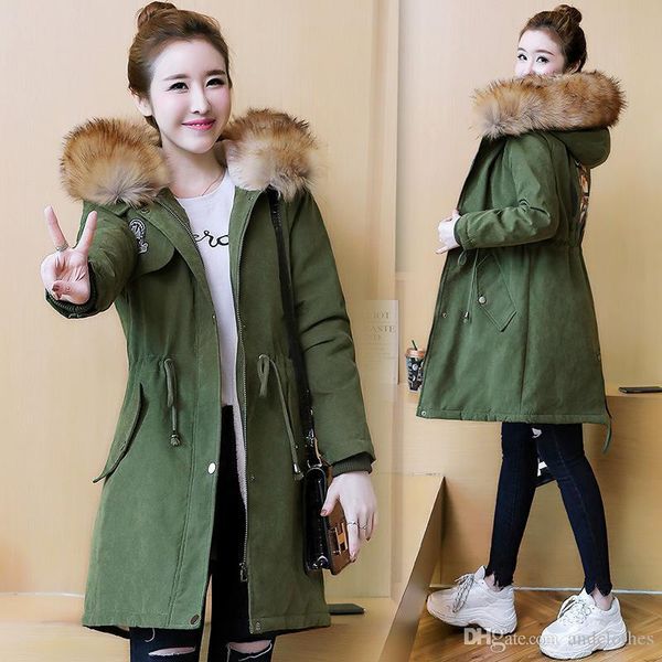 

2019 женская меховой воротник зимней моды темперамент свободный простой хлопок куртка женская куртка увеличена женщин windbreake wome, Tan;black