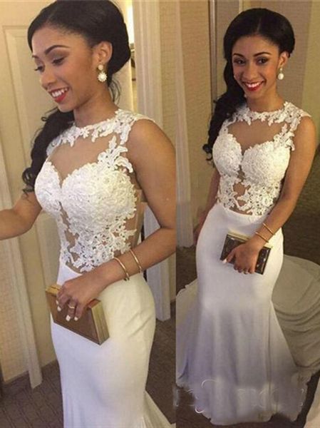 

Simple White Sleeveless Mermaid Prom Dresses 2019 Lace Appliques Evening Gown On Sale Illusion African Occasion Dresses