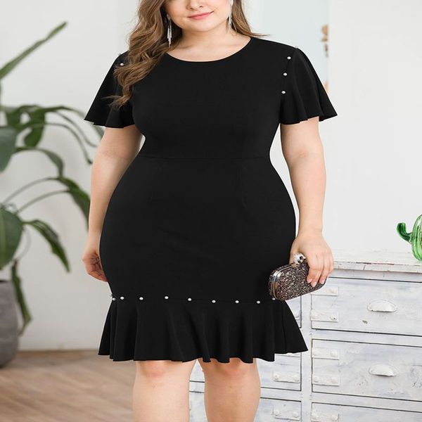 

new large size dress 4xl-8xl bust 134cm fashion ruffled short sleeve waist pocket hip beaded fishtail women's dress skirt, Black;gray