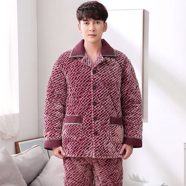 

winter 3 layers quilted pajamas warm men thick flannel pajama sets luxury sleepwear pattern suits men casual home clothes pijama, Black;brown