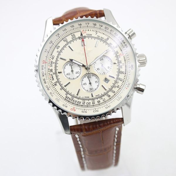 

2019 высокое качество мужские наручные часы автоматические спортивные часы 46 мм белый циферблат кожаный ремешок мужские кварцевые часы черн, Slivery;brown