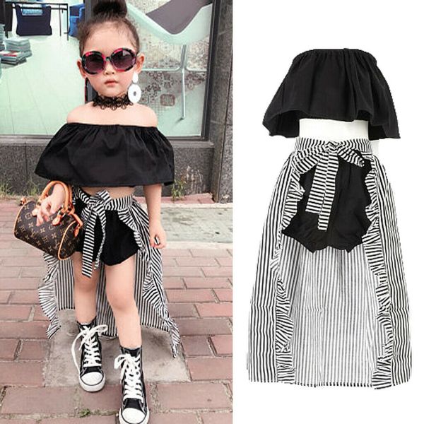

3pcs toddler kids baby girl 2-7y clothes sets off shoulder crop +trousers shorts+striped skirts outfit clothes, White