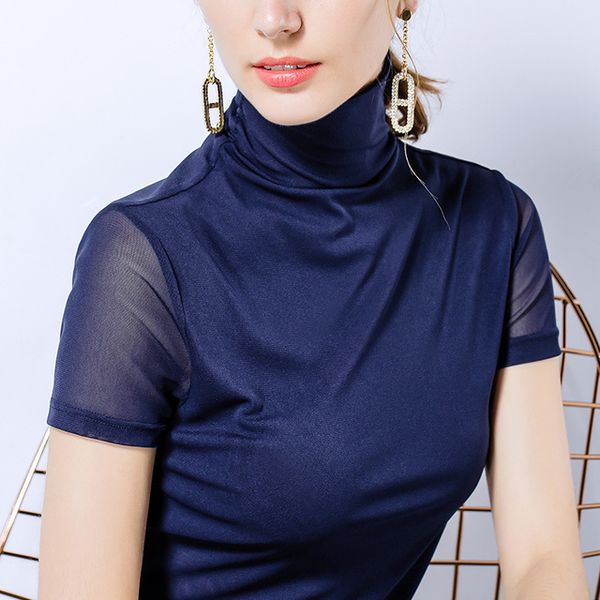 

плюс размер элегантные женские топы 2020 летняя мода женщина обычная тонкая рубашка с коротким рукавом контрастная сетка top8, White