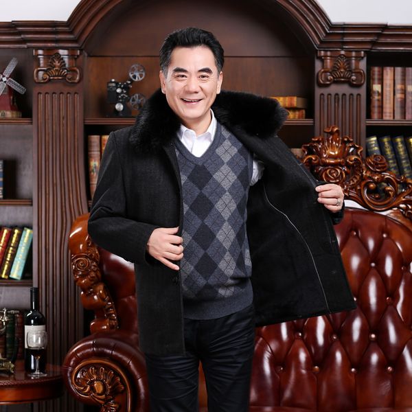 

winter quinquagenarian men's clothing casual wool coats mens plus velvet thicken fur collar woolen overcoat trench fur collar, Black