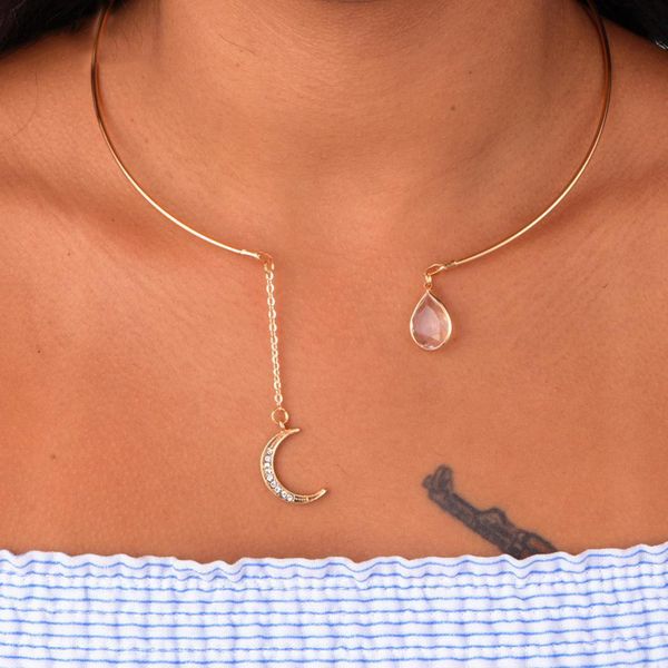 

5cm 10cm moon 5 7inch 14 drop necklace circular choker pendant rhinestone moon water 4inch casual women open fashion, Golden;silver