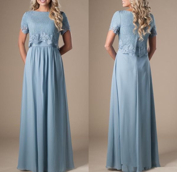 Céu Azul Longo Modest Vestidos de Dama De Honra Com Mangas Curtas Lace Top A Linha Formal Boho Rústico Vestido de Festa de Casamento Religiosa Z43