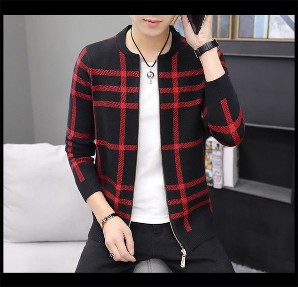 

designer mens cardigan sweater fashion plaid slim zipper coat autumn mens thin jacket, White;black