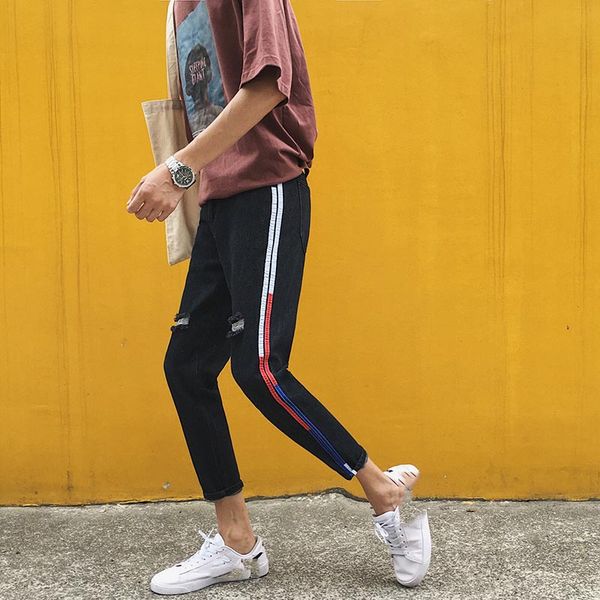 

весна и осень 2020 мода повседневная модные молодежи свободные джинсы в полоску вырезать отверстие для мужчин вскользь корейского для slim w, Blue