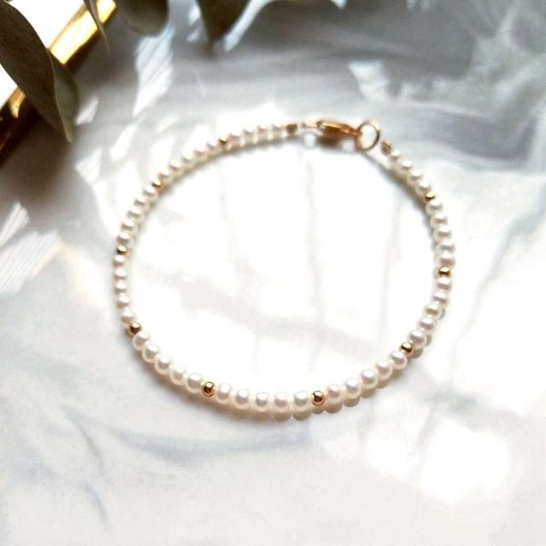 

liiji unique real 3mm white round freshwater pearl bracelet 925 sterling silver gold color bracelet high luster pearl jewelry, Black
