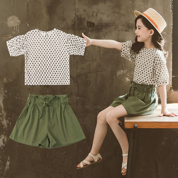 

2020 girls clothing sets blouse +shorts two pieces polka dot, White