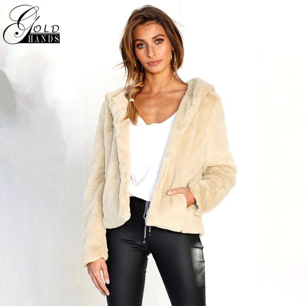 

gold hands autumn winter hooded faux fur coats women thick warm long sleeve jacket female streetwear plush cardigans outerwear, Black;brown