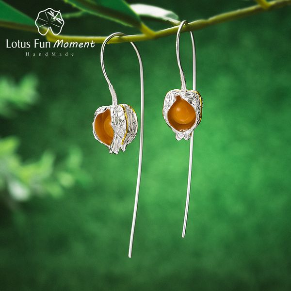 

lotus fun moment real 925 sterling silver natural stone fashion jewelry creative physalis fruits dangle earrings for women