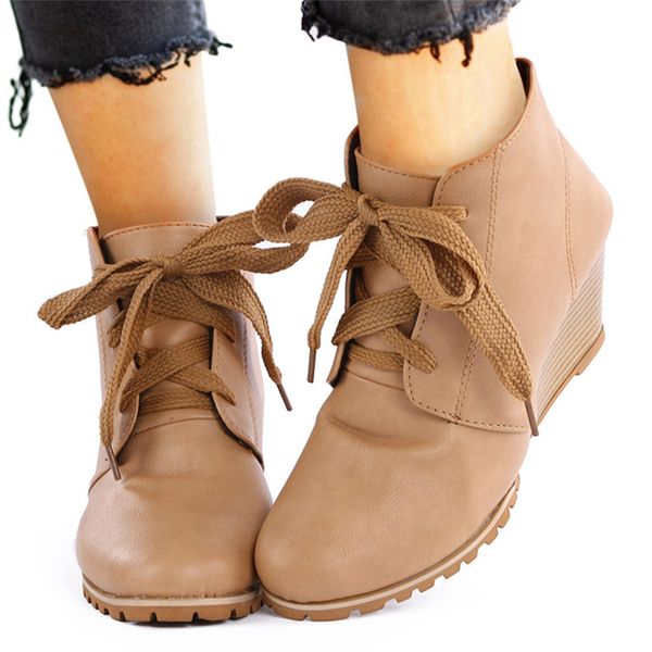

2019 new autumn women wedges ankle boots woman high heel boots ladies platform lace up women's casual plus size female shoes, Black
