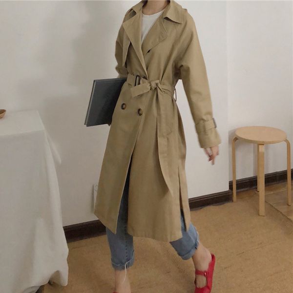 

korean windbreaker jacket women 2019 vintage khaki color double-breasted trench coat casual turn-down collar long trench outwear, Tan;black