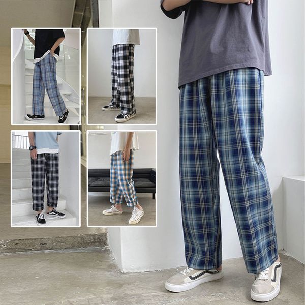 

men's pants spring summer plaid fashion retro straight men streetwear wild loose drawstring casual mens s-2xl, Black