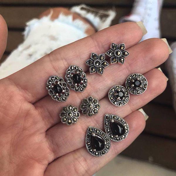

women earrings bohemian water drops carved black oval crystal silver earring set female temperament wedding party jewelry, Golden;silver