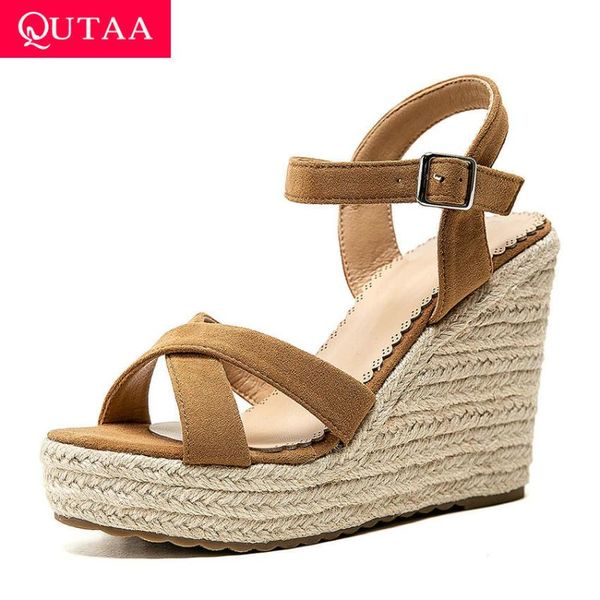 

qutaa 2020 wedge high heel buckle sandals cut outs summer fashion ladies pumps flock platform antiskid women shoes big size34-43, Black
