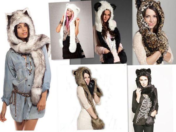 

animal warm winter hat beanie hats & caps men glove headwear scarf faux fur cap fluffy plush hood scarf shawl gorro bonnet bone