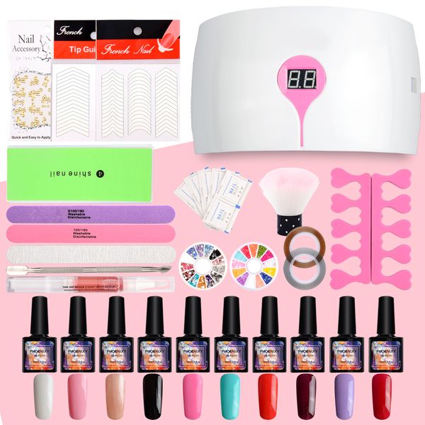 

complete nail set dryer 36w led lamp uv gel varnish polish manicure tools 10colors nail polish kit for art set