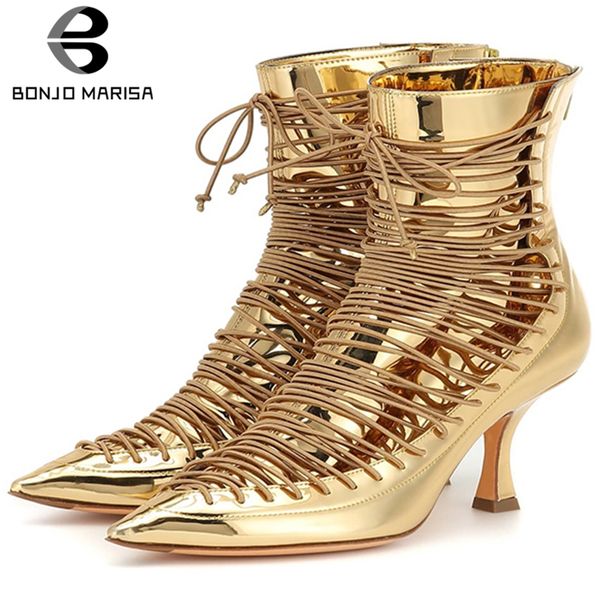 

bonjomarisa brand new 34-43 women's genuine leather pointed toe thin high heels shoes party runway show ankle boots, Black