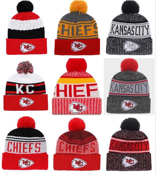 

Whole ale new pom pom men women winter hat port kc chief beanie fa hion knitting hat embroidered logo brand thick female warm cap