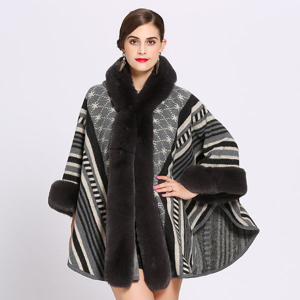 

oversize women printed designer female long sleeves knitted sweater cardigan with hat winter faux fur poncho, Black