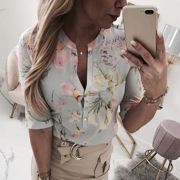 

women polyester summer floral print half sleeve v-neck buttons, White
