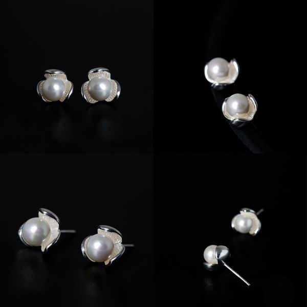 

925 s silver flower ear nail woman fund temperament fresh sweet three flap flower shell pearl auricular needling concise earring, Golden