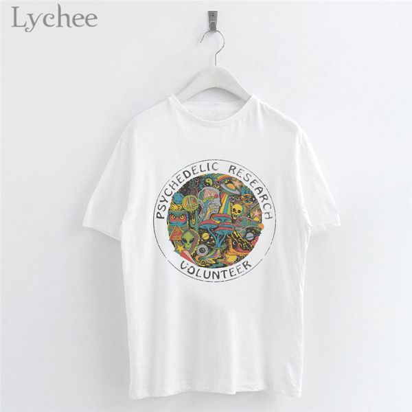

lychee trendy letter cartoon print women white t shirt short sleeve o-neck female t shirt casual female tee top