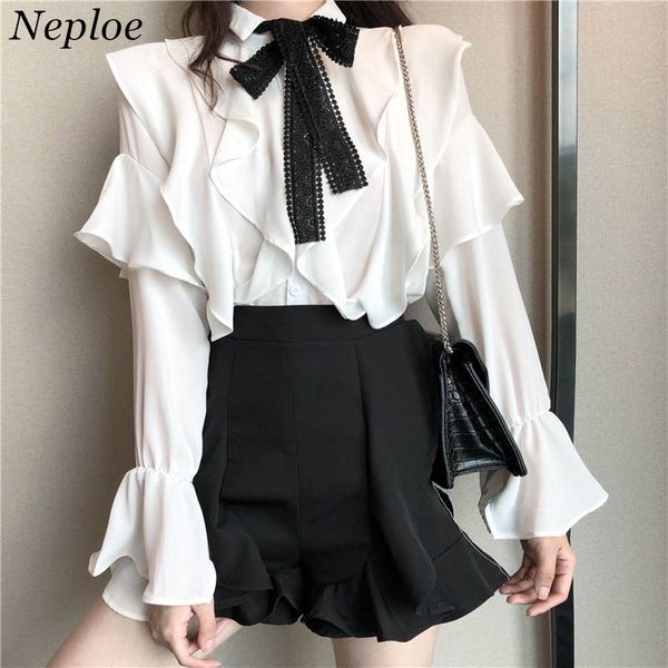 

neploe ruffles blouse lace bow tie design shirt 2019 autumn sweet korean fashion shirts women butterfly sleeve blusas 51558, White