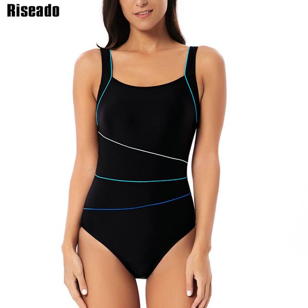 

riseado new 2020 one piece swimsuit striped swimwear women racer back swimsuits competitive swimming bathing suits, White;black
