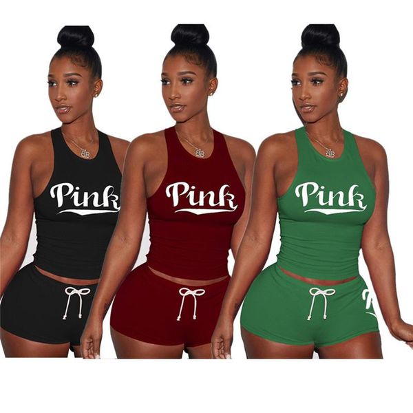 

Pink letter print women ummer track uit leevele ve t tank hort two piece et outfit yoga run jogger port clothe