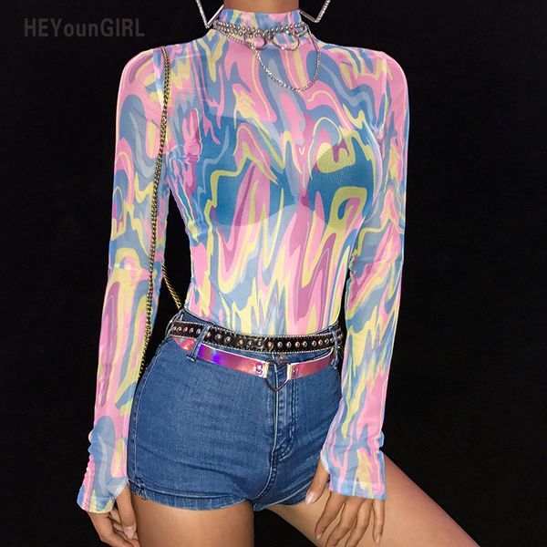 

heyoungirl printed transparent turtleneck bodysuit see through body women casual long sleeve bodysuit bodycon jumpsuit 2019, Black;white