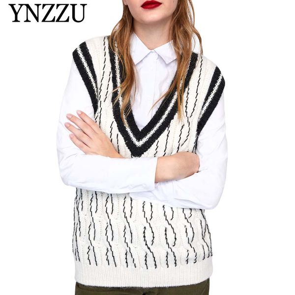 

ynzzu high street sleeveless knitted sweater women 2019 spring v neck hit color twist loose female pullover vest knitwear yt551, White;black