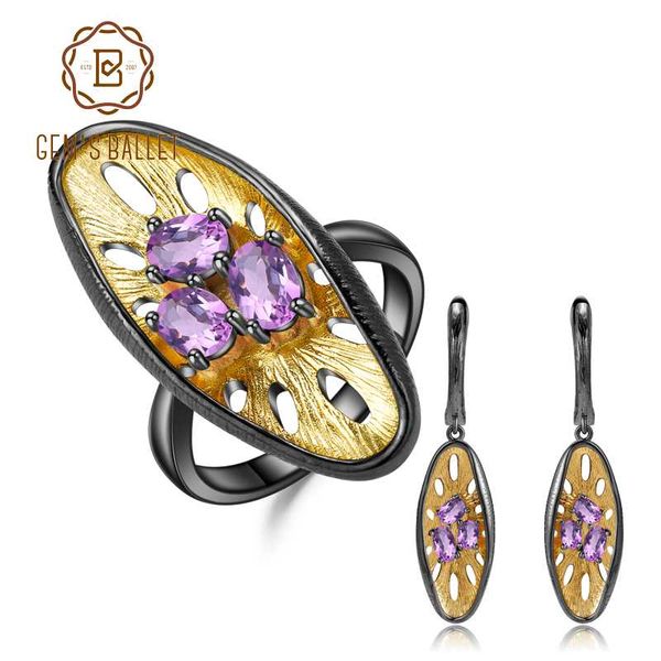 

gem's ballet 2.55ct natural amethyst fine jewelry 925 sterling silver handmade honeycomb ring earrings jewelry sets for women, Black