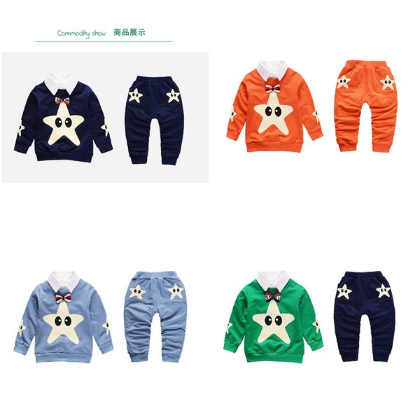 

2019 america and europe pop spring style cotton lapel stars tie pattern suit with long sleeve jacket and trousers for boys and girls, White