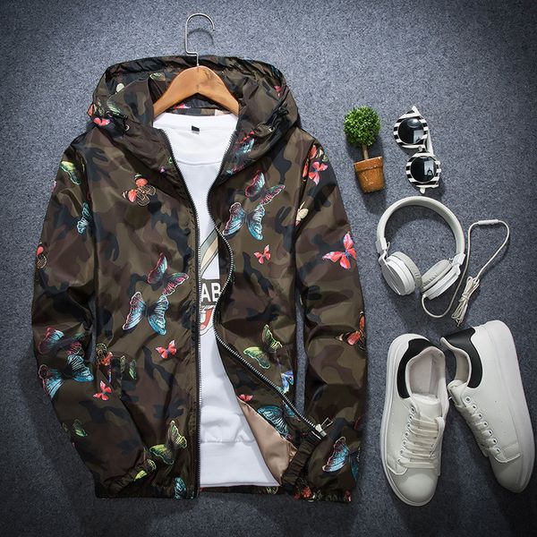 

men's butterfly printing hooded jacket wind jacket plus size s- 3xl, Black;brown