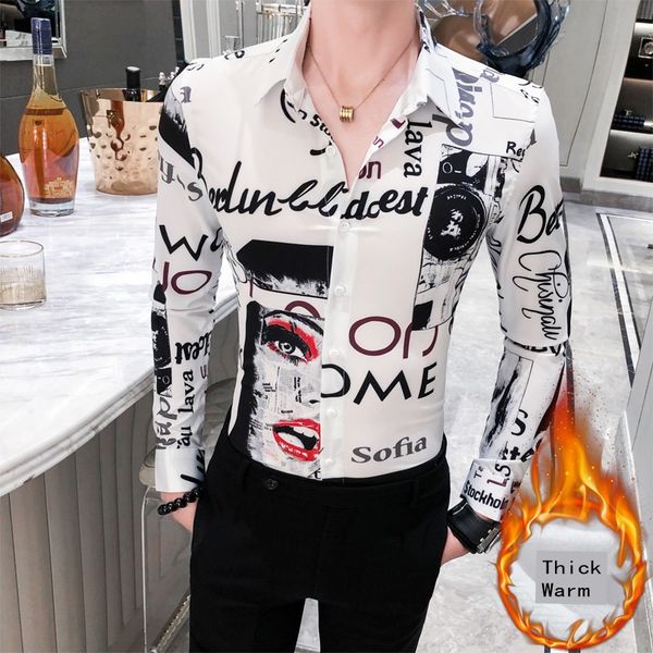 

british style men floral shirt autumn winter thick digital print shirts men casual long sleeve slim fit party dress tuxedo 3xl, White;black