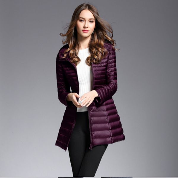 Blu scuro / rosso / viola / nero Inverno Plus Size Piumini lunghi da donna Piumino d'anatra ultraleggero Cappotto imbottito Slim Autunno Parka lady