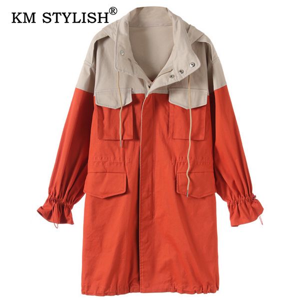 

2019 autumn winter fashion women hooded trench patchwork pocket trench female mid-long outwear work clothes overall, Tan;black