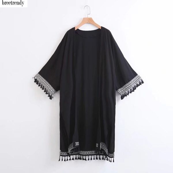 

ks3011 women fringed shawl sunscreen kimono jacket open stitch geometri wide-waisted thin shirt, Black;brown