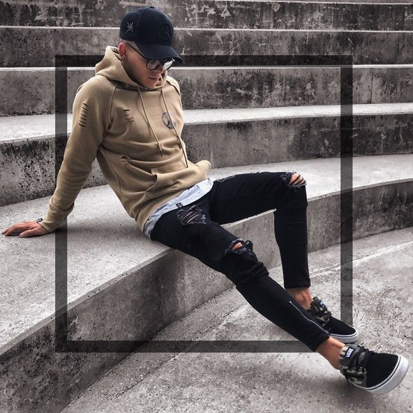 

jeans gentleman trousers 2019 new style with holes elasticity zipper men's wear skinny pants, Blue